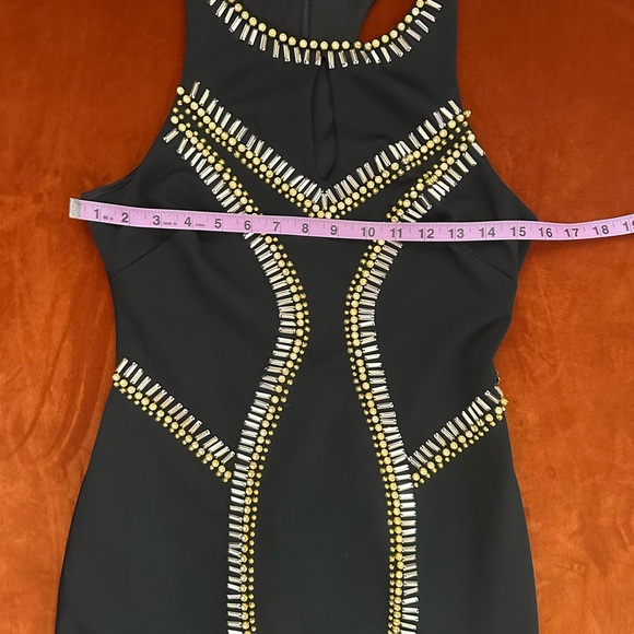 Bebe Bodycon Stretch Ponte Beaded High Neck Scoop Back Cocktail Mini Dress M - Picture 9 of 14